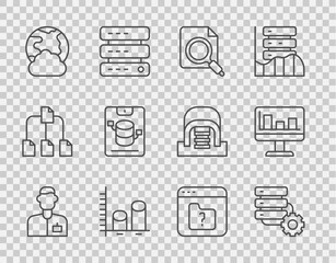 Poster - Set line Analyst engineer, Server and gear, Search concept with folder, Data analysis, Social network, Server, Data, Web Hosting, File missing and Monitor graph chart icon. Vector