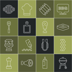 Wall Mural - Set line Barbecue grill, Bacon stripe, Steak meat, Grilled pork bbq ribs, Cutting board, spatula, and Chicken leg icon. Vector