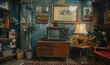 An old vintage room with old equipment such as a TV and an old fashion camera, Generative AI