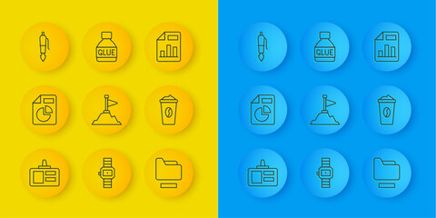 Poster - Set line Identification badge, Document with graph chart, Mountains flag top, folder, Coffee cup go, Fountain pen nib, and Glue icon. Vector