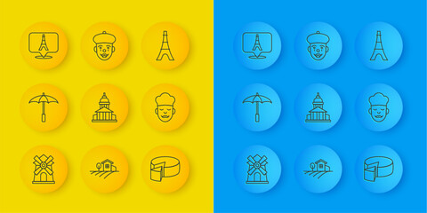 Poster - Set line Windmill, Umbrella for beach, Museum building, Cheese, Cook, Eiffel tower, and French mime icon. Vector