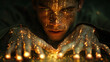 Man with illuminated golden particles on skin, mysterious and magical concept.