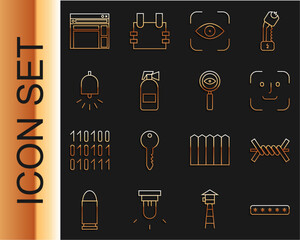 Poster - Set line Password protection, Barbed wire, Face recognition, Eye scan, Fire extinguisher, Ringing alarm bell, Website template and Magnifying glass Search icon. Vector