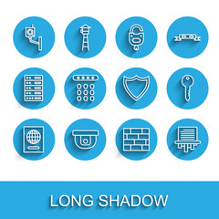 Poster - Set line Passport, Motion sensor, Security camera, Bricks, Paper shredder, Password protection, Key and Shield icon. Vector