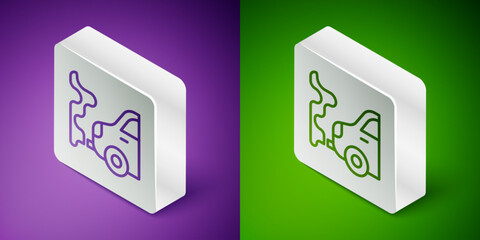 Canvas Print - Isometric line Car exhaust icon isolated on purple and green background. Silver square button. Vector