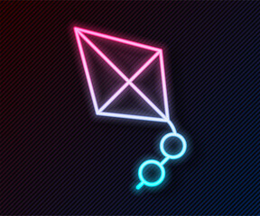 Poster - Glowing neon line Kite icon isolated on black background. Vector