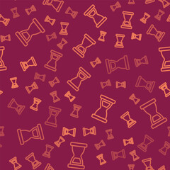 Poster - Brown line Old hourglass with flowing sand icon isolated seamless pattern on red background. Sand clock sign. Business and time management concept. Vector