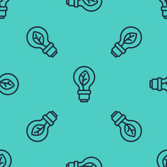 Poster - black line light bulb with leaf icon isolated seamless pattern on green background. eco energy conce