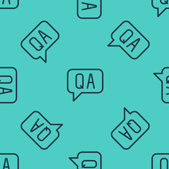 Poster - Black line Speech bubbles with Question and Answer icon isolated seamless pattern on green background. Q and A symbol. FAQ sign. Chat speech bubble and chart. Vector