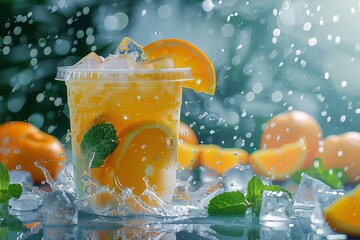Orange juice with ice and mint leaves in a plastic cup with water splash on blue background