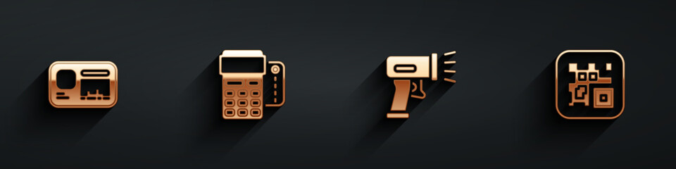 Poster - Set Identification badge, POS terminal with credit card, Scanner scanning bar code and QR icon with long shadow. Vector