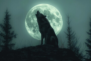 wolf werewolf howls at full moon on top of rock in forest in fog at night