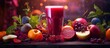 A glass of red juice with a variety of fruits on a tableware, creating a colorful and appetizing display. The natural foods ingredients invite a healthy and delicious meal