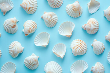 Sticker - Assortment of seashells arranged on vibrant blue background, top view flat lay composition for summer vacation concept