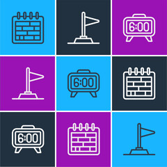 Poster - Set line Calendar, Digital alarm clock and Flag icon. Vector