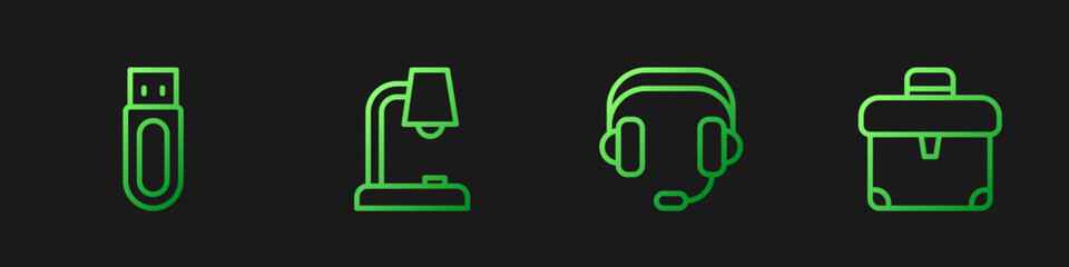 Poster - set line headphones, usb flash drive, table lamp and briefcase. gradient color icons. vector