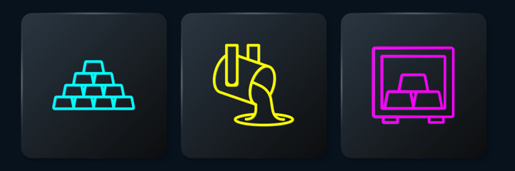 Poster - Set line Gold bars, Safe with gold and Molten being poured. Black square button. Vector