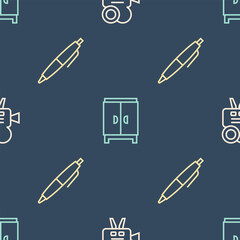 Poster - Set line Retro cinema camera, Pen and Wardrobe on seamless pattern. Vector