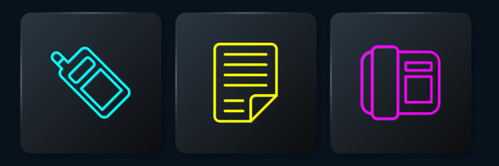 Poster - Set line Mobile phone, Telephone handset and File document. Black square button. Vector