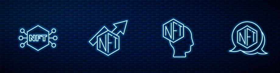 Poster - Set line NFT Digital crypto art, growth bar chart and . Glowing neon icon on brick wall. Vector