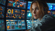 © amixstudio - Focused woman in a control room with futuristic digital screens.