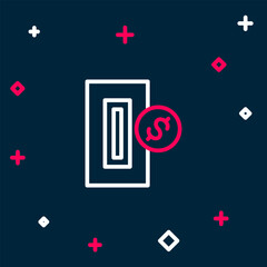 Poster - Line Hand inserting coin to a slot on a vending machine or arcade machine icon isolated on blue background. Colorful outline concept. Vector