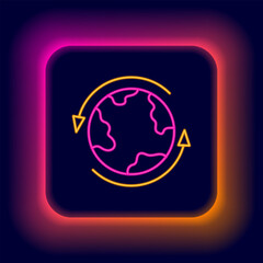 Wall Mural - Glowing neon line Worldwide icon isolated on black background. Pin on globe. Colorful outline concept. Vector