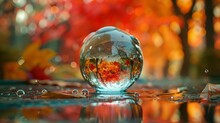 A Glass Ball Is Sitting On A Leaf Covered In Water. The Water Is Reflecting The Leaves And The Ball, Creating A Beautiful And Serene Scene