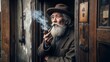 An old man with a white beard smokes a pipe while standing in a doorway.