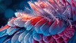 A feathery image with a blue and red hue. The feathers are wet and have a shiny appearance