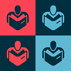Poster - Pop art Man reading book icon isolated on color background. Vector