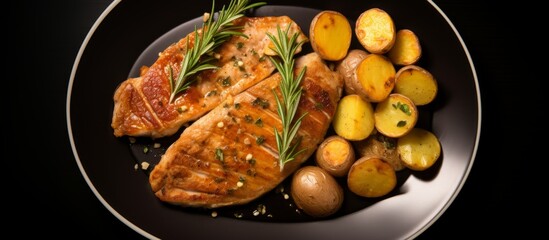 Sticker - A black plate with fried chicken and potatoes, a classic deepfried food dish. The dark background enhances the presentation of this delicious cuisine