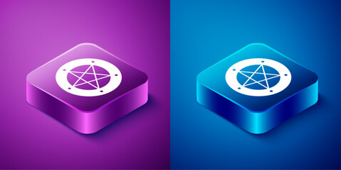 Sticker - Isometric Pentagram in a circle icon isolated on blue and purple background. Magic occult star symbol. Square button. Vector