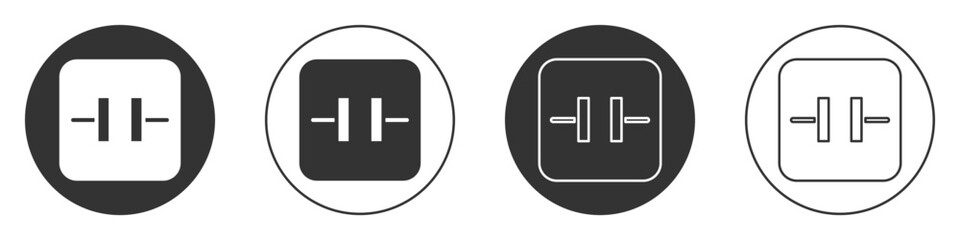 Poster - Black Electrolytic capacitor icon isolated on white background. Circle button. Vector