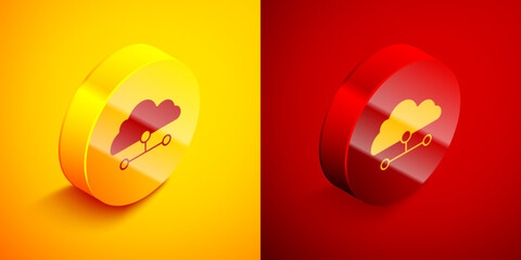 Poster - Isometric Network cloud connection icon isolated on orange and red background. Social technology. Cloud computing concept. Circle button. Vector