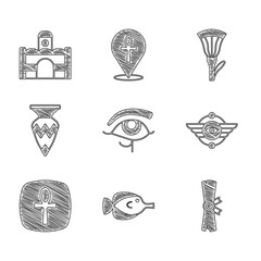 Sticker - Set Eye of Horus, Butterfly fish, Papyrus scroll, Egyptian symbol Winged sun, Cross ankh, vase, lotus and house icon. Vector