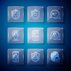 Poster - Set line System bug on mobile, Fingerprint, Check mark speech bubble, Mobile and face recognition, Shield with brick wall and Cyber security icon. Vector