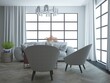 Elegancki luksusowy pokój pomieszczenie salon z wygodną sofa stolikiem kawowym zasłonami na oknach