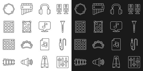 Poster - Set line Sound mixer controller, Audio jack, Clarinet, Headphones, Stereo speaker, Drum machine, Dial knob level and Musical note icon. Vector