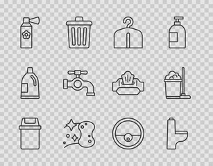 Wall Mural - Set line Trash can, Toilet bowl, Hanger wardrobe, Sponge, Air freshener spray bottle, Water tap, Robot vacuum cleaner and Mop and bucket icon. Vector