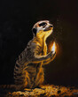 A solitary meerkat illuminated by Santelmo's fire, a metaphor for navigating life's values. Hyperrealistic, canted angle, crisp.