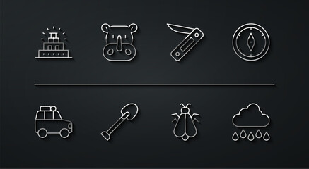 Poster - Set line Chichen Itza in Mayan, Car, Compass, Mosquito, Shovel, Rhinoceros, Cloud with rain and Swiss army knife icon. Vector