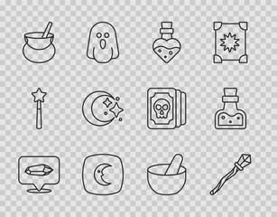 Wall Mural - Set line Magic stone, staff, Bottle with potion, Moon and stars, Witch cauldron, and icon. Vector