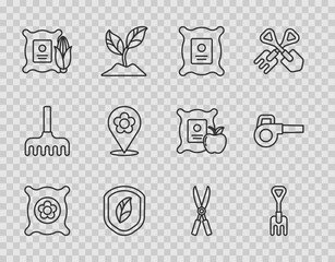 Canvas Print - Set line Pack full of seeds of plant, Garden rake, Shield with leaf, Corn in the sack, Location flower, Gardening handmade scissors and Leaf garden blower icon. Vector