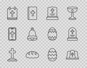 Wall Mural - Set line Grave with cross, Pope hat, tombstone, Christian bread, Calendar Easter, Church bell, egg and icon. Vector