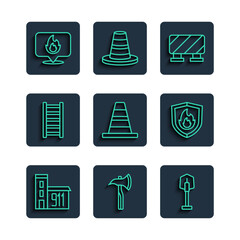 Canvas Print - Set line Building of fire station, Firefighter axe, shovel, Road barrier, Traffic cone, escape, Location with flame and protection shield icon. Vector