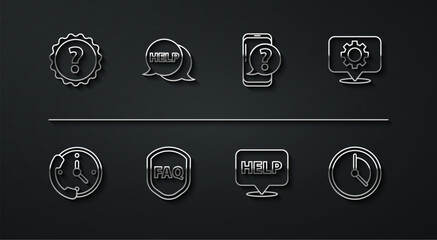 Poster - Set line Question mark, Telephone 24 hours support, Location with gear, Speech bubble text Help, Shield FAQ, Time Management and Mobile question icon. Vector