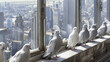 Multiple birds are perched on a window sill, looking outwards