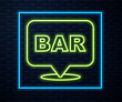 Glowing neon line Alcohol or beer bar location icon isolated on brick wall background. Symbol of drinking, pub, club, bar. Vector