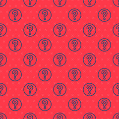 Poster - Blue line Unknown search icon isolated seamless pattern on red background. Magnifying glass and question mark. Vector